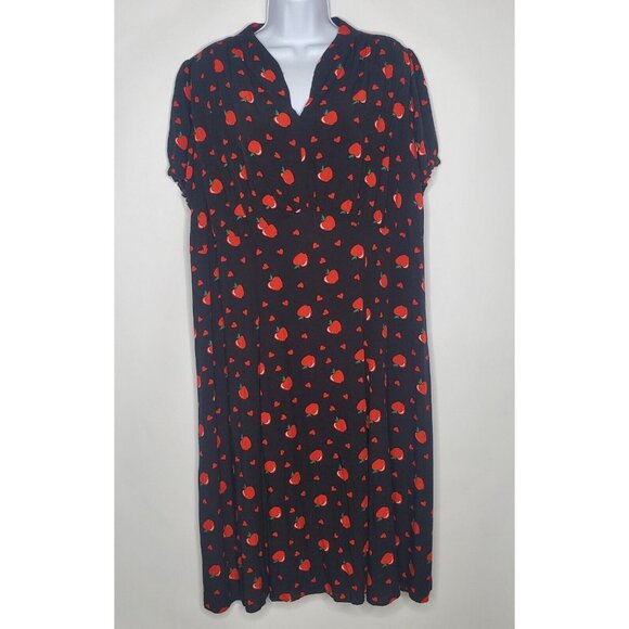 Modcloth X Collectif Womens Gwendolyn Love Apples Tea Dress Size US 16 Black Red - Picture 1 of 8